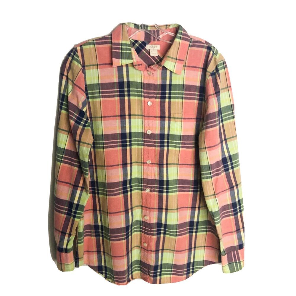 J. Crew Pink Green Plaid Shirt Long‎ Sleeve Shirt Size M Cotton